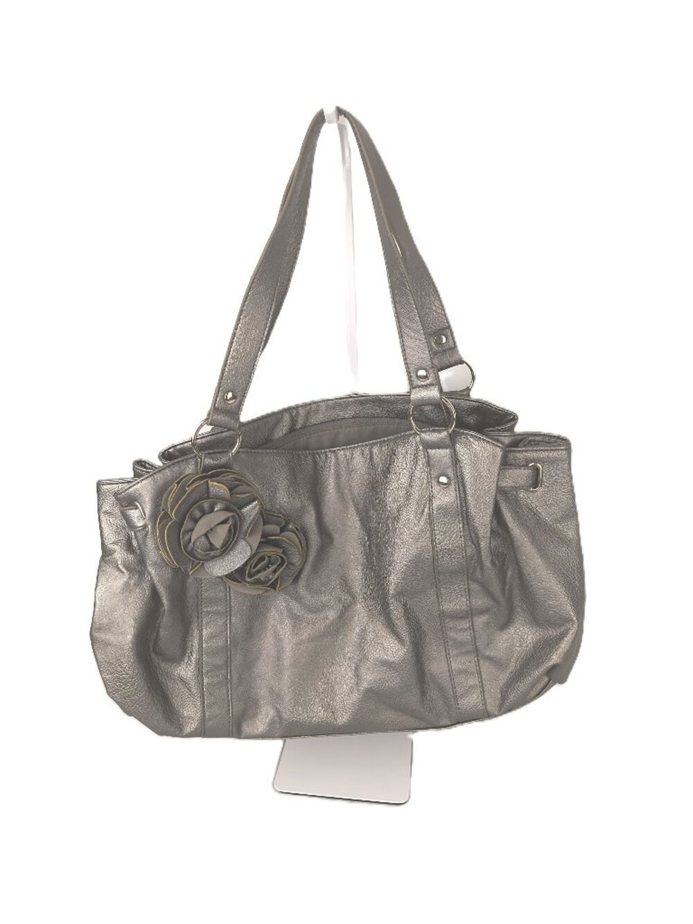 New York & Company Metallic Pewter Rosette Floral Shoulder Tote Bag